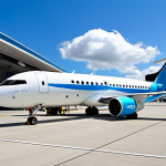 A sleek, futuristic zero-emission hydrogen-powered passenger aircraft parked at a modern, bustling international airport terminal. Advanced hydrogen refueling infrastructure is visible near the aircraft. The sky is bright blue with soft, scattered clouds. A few fully clothed, professional airport ground staff in uniform are subtly present in the background, observing the aircraft with appropriate content and professional demeanor. The scene is captured with professional photography, high resolution, realistic detail, perfect anatomy, correct proportions, and a natural pose, making it safe for work and family-friendly.
