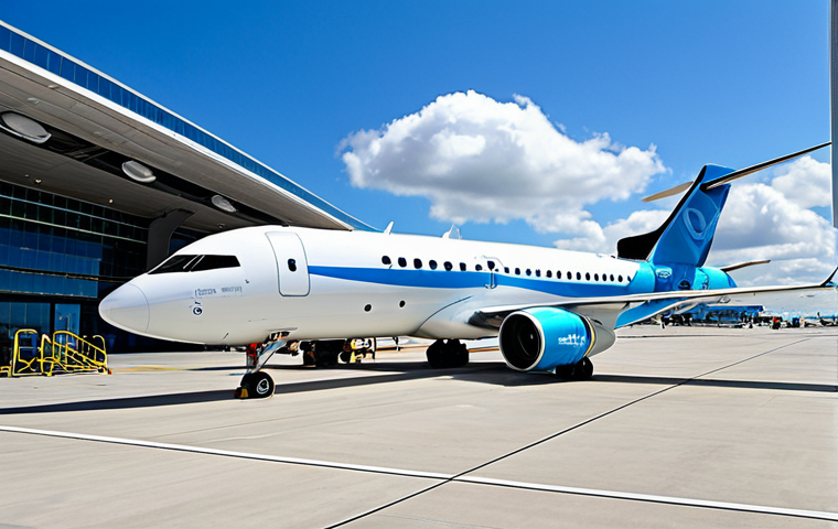 A sleek, futuristic zero-emission hydrogen-powered passenger aircraft parked at a modern, bustling international airport terminal. Advanced hydrogen refueling infrastructure is visible near the aircraft. The sky is bright blue with soft, scattered clouds. A few fully clothed, professional airport ground staff in uniform are subtly present in the background, observing the aircraft with appropriate content and professional demeanor. The scene is captured with professional photography, high resolution, realistic detail, perfect anatomy, correct proportions, and a natural pose, making it safe for work and family-friendly.